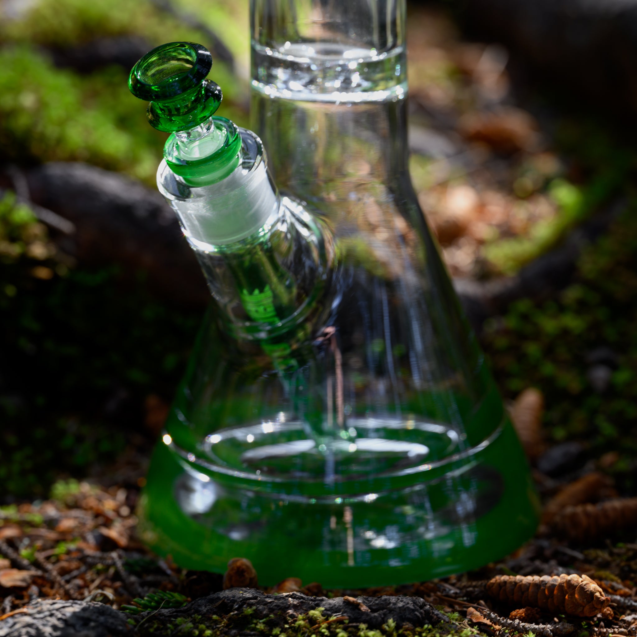 A close-up view of a clear glass beaker bong with a green downstem and bowl. The bong is set on a forest floor, surrounded by natural elements like moss, small plants, and pinecones. The green accents on the bong harmonize with the earthy tones of the forest, creating a visually appealing blend of man-made and natural beauty. The sunlight highlights the glass, adding a vibrant and fresh feel to the scene.