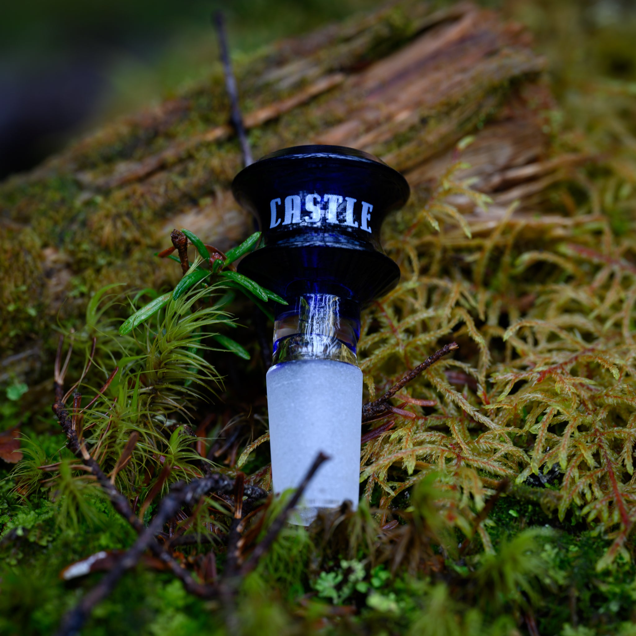 A close-up view of a blue glass bong bowl with the "Castle" logo in white, nestled in a bed of vibrant green moss and small plants. The moss-covered forest floor and the natural wooden textures in the background create a serene and earthy setting. The bowl's sleek blue design contrasts beautifully with the lush, natural surroundings, highlighting the blend of modern craftsmanship and nature.