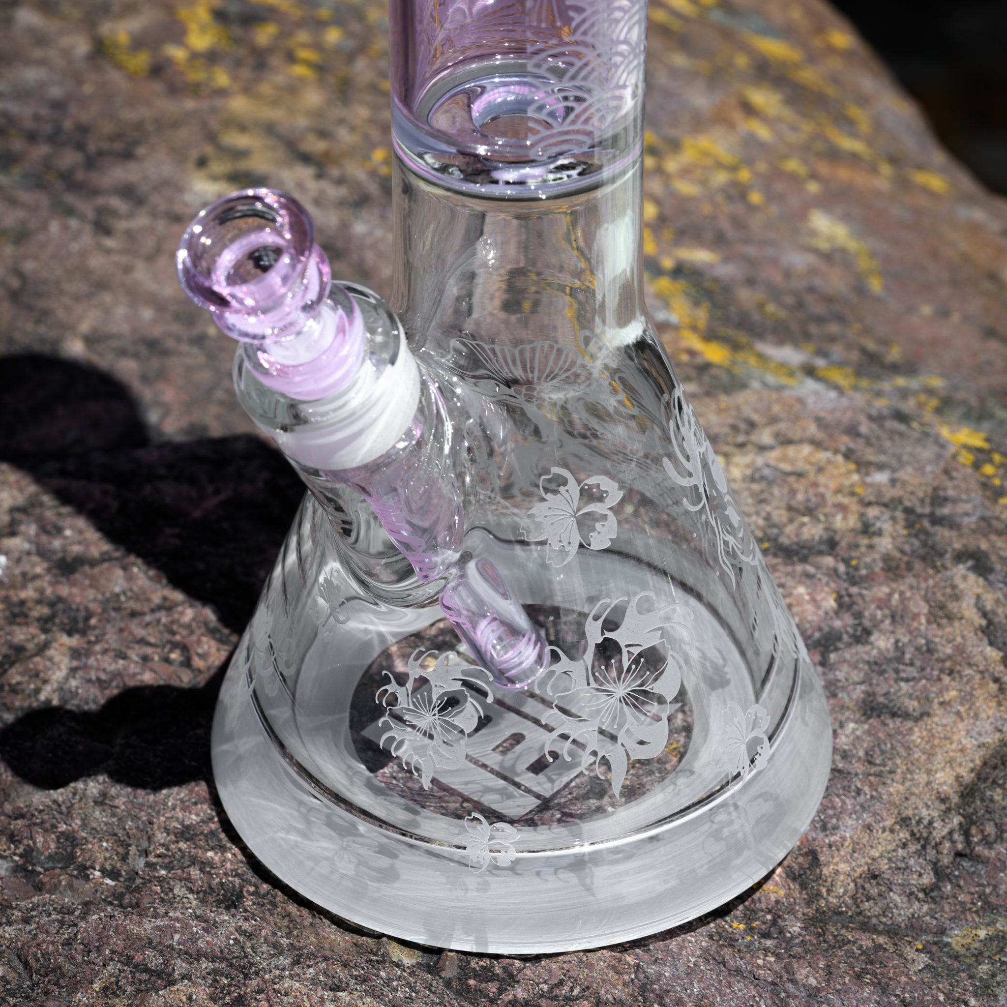 A close-up view of the base of a clear glass beaker bong with frosted accents, showcasing intricate designs of koi fish and floral patterns. The downstem and bowl, also in pink, complement the detailed artwork etched on the glass. The bong is placed on a textured rock surface, with natural sunlight highlighting the delicate etchings and the smooth glass. The combination of craftsmanship and the natural rocky setting creates an aesthetically pleasing image.