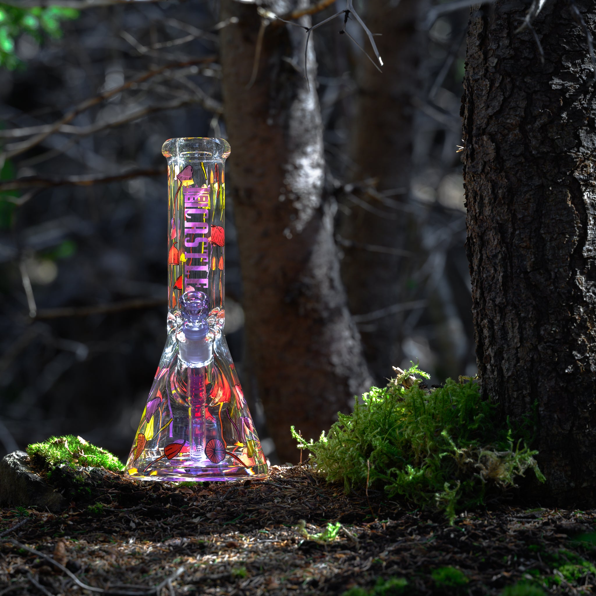 A glass beaker bong with colorful mushroom designs and the "Castle" logo vertically on the neck. The bong is placed on the forest floor, surrounded by moss and trees. Sunlight filters through the tree branches, casting dappled light on the bong and highlighting the vibrant patterns and clear craftsmanship. The natural woodland setting creates a serene and earthy atmosphere, complementing the whimsical mushroom artwork on the bong.