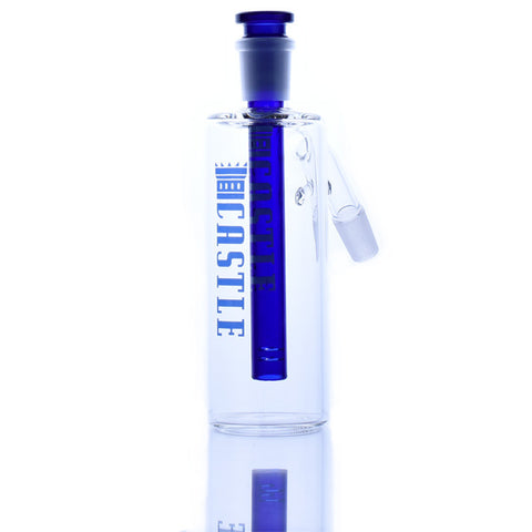 An ash catcher with a removable blue downstem.